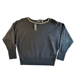 Tahari Black Dolman Sleeve Sweater Gold Chain Neckline TH54369 Womens Medium NWT